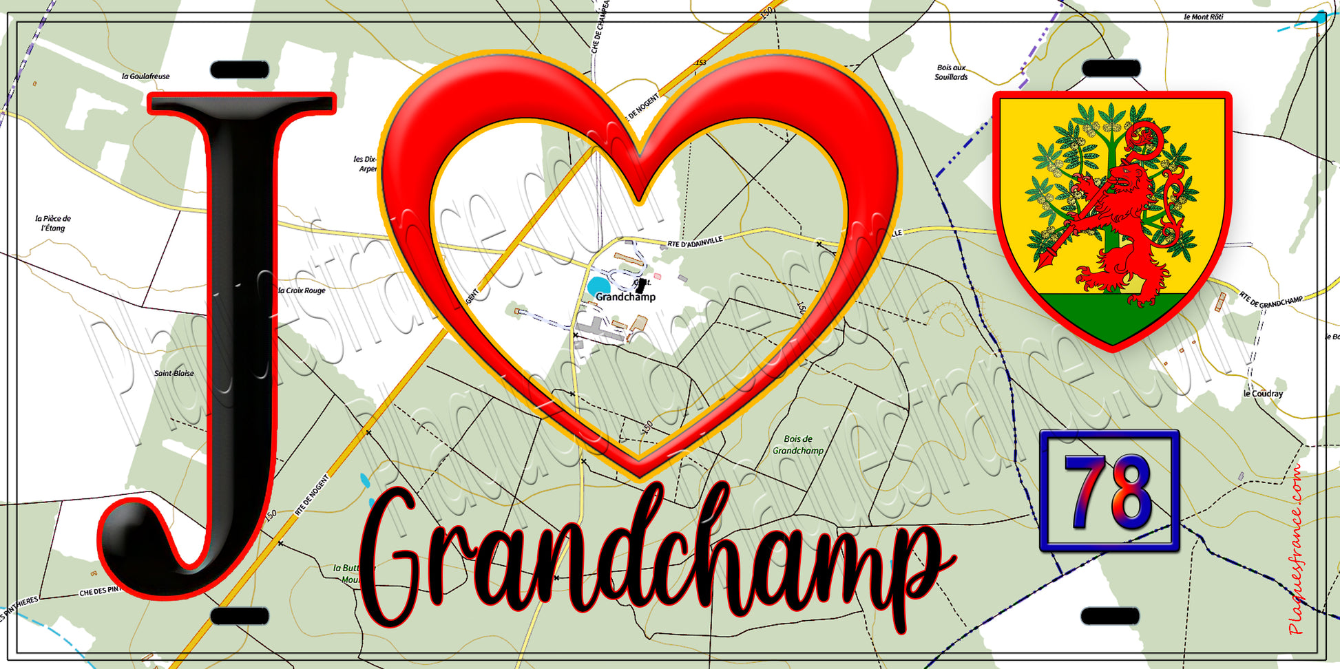 Plaque métal décorative  J' ❤️ Grandchamp, Yvelines (78) fond carte