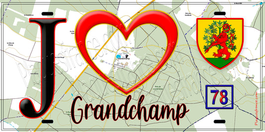 Plaque métal décorative  J' ❤️ Grandchamp, Yvelines (78) fond carte