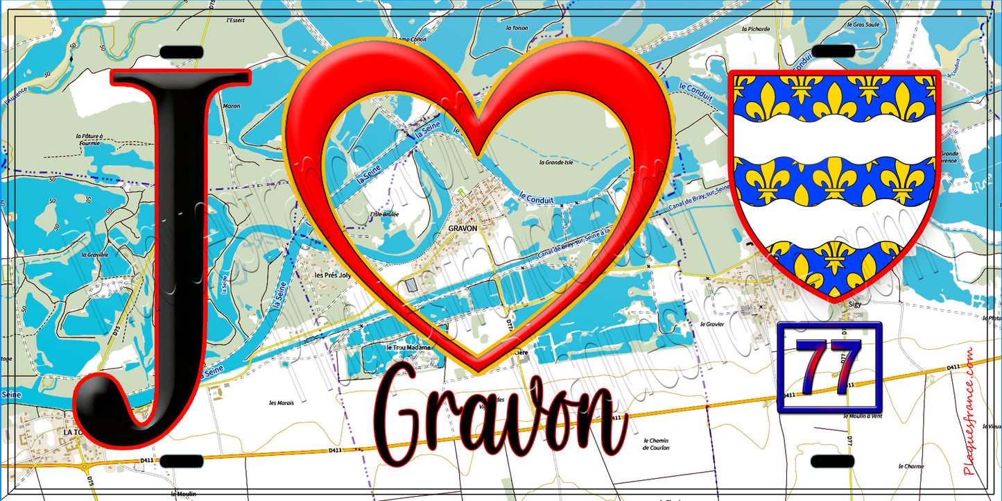 Plaque métal décorative  J' ❤️Gravon, Seine et Marne (77) fond carte