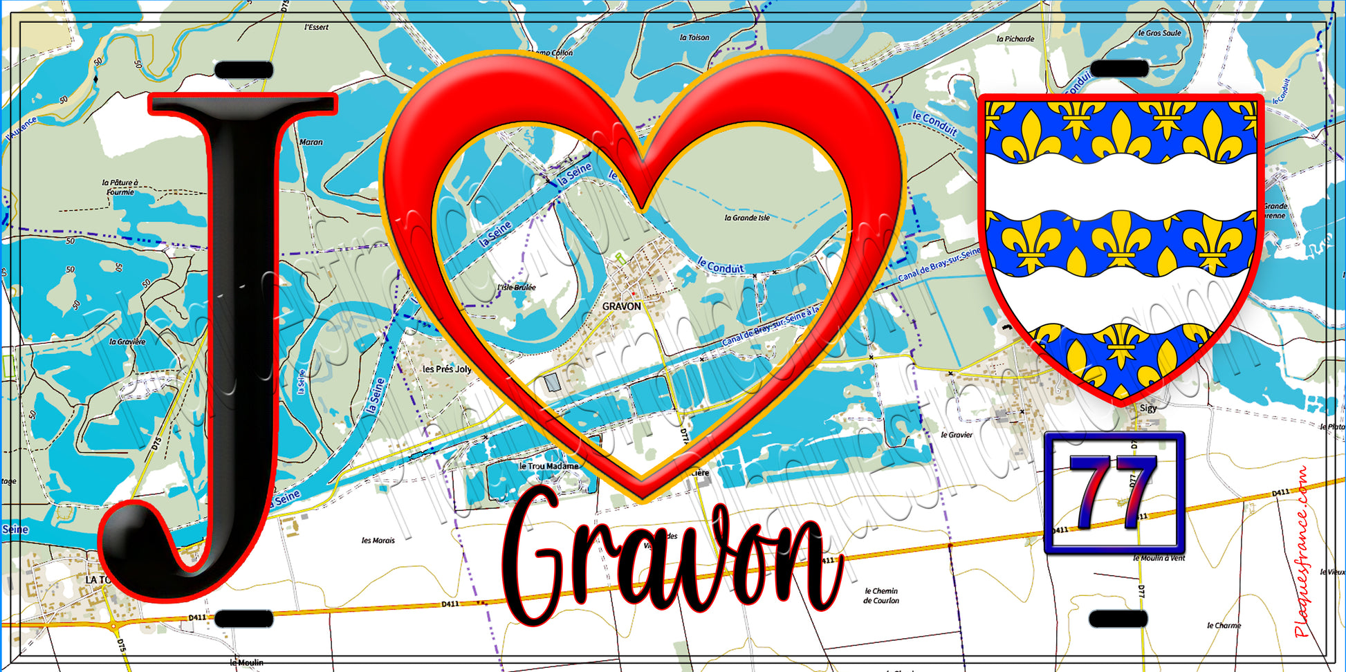 Plaque métal décorative  J' ❤️Gravon, Seine et Marne (77) fond carte