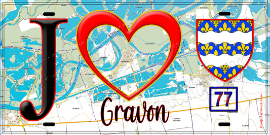 Plaque métal décorative  J' ❤️Gravon, Seine et Marne (77) fond carte
