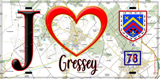 Plaque métal décorative  J' ❤️ Gressey, Yvelines (78) fond carte