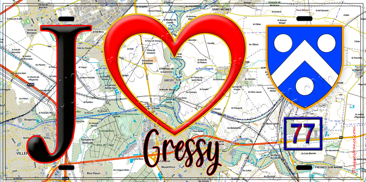 Plaque métal décorative  J' ❤️Gressy, Seine et Marne (77) fond carte