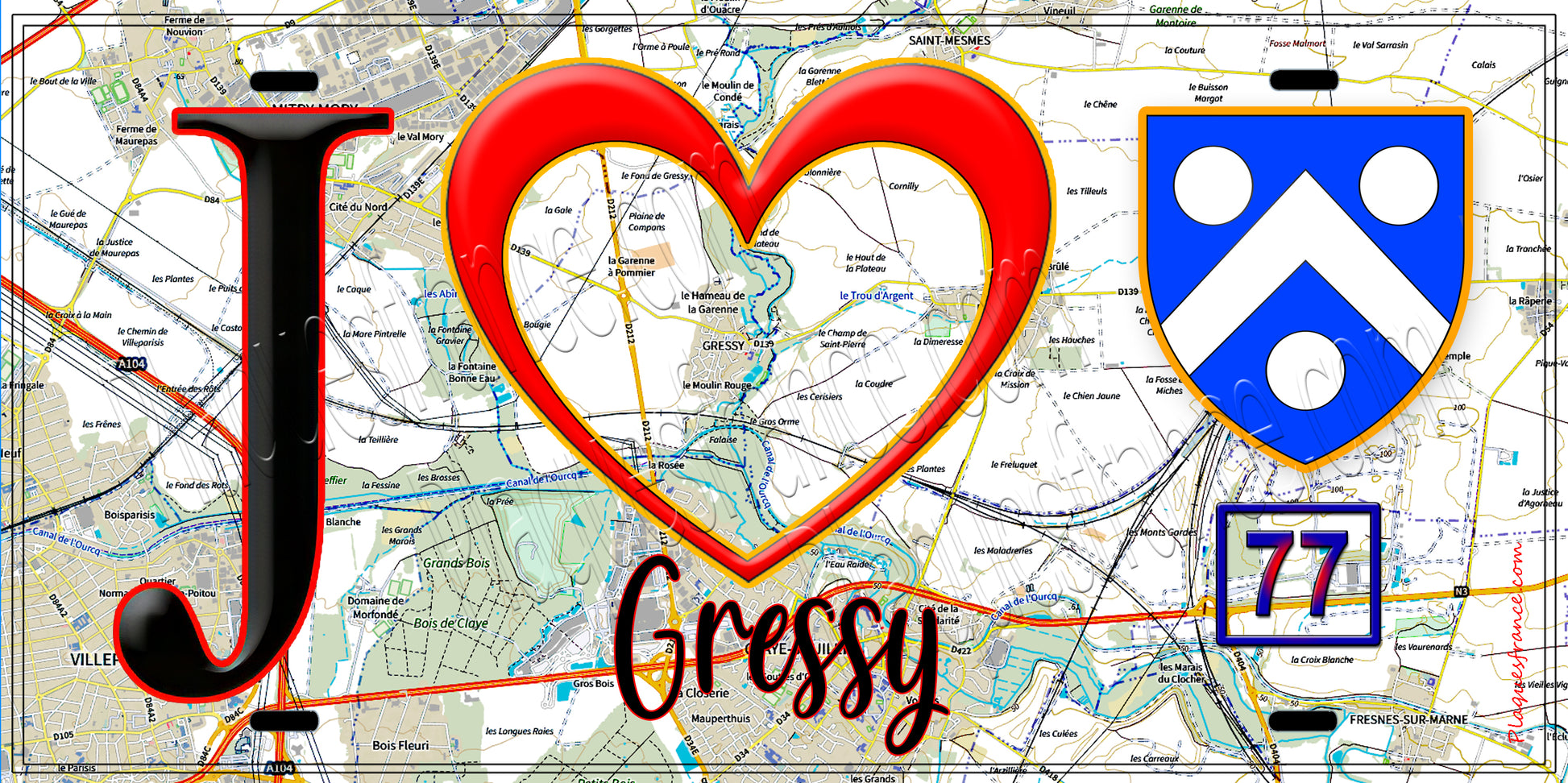 Plaque métal décorative  J' ❤️Gressy, Seine et Marne (77) fond carte