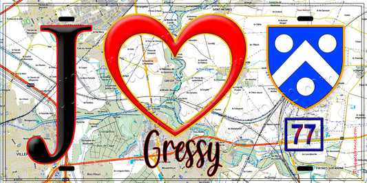 Plaque métal décorative  J' ❤️Gressy, Seine et Marne (77) fond carte