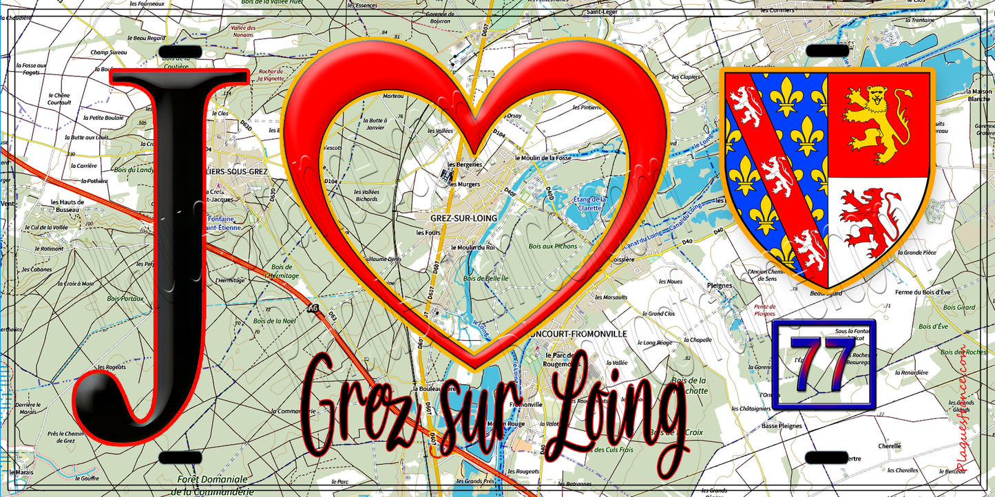 Plaque métal décorative  J' ❤️Grez-sur-Loing, Seine et Marne (77) fond carte