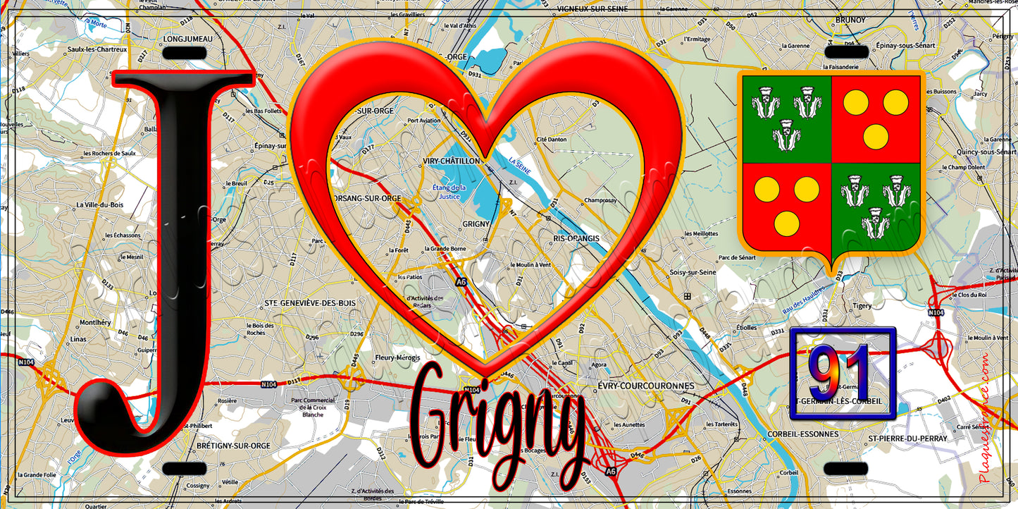 Plaque métal décorative  J' ❤️Grigny, Essonne (91) fond carte