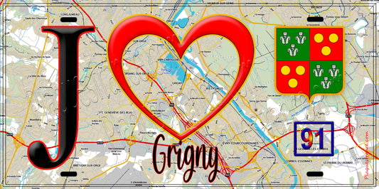 Plaque métal décorative  J' ❤️Grigny, Essonne (91) fond carte