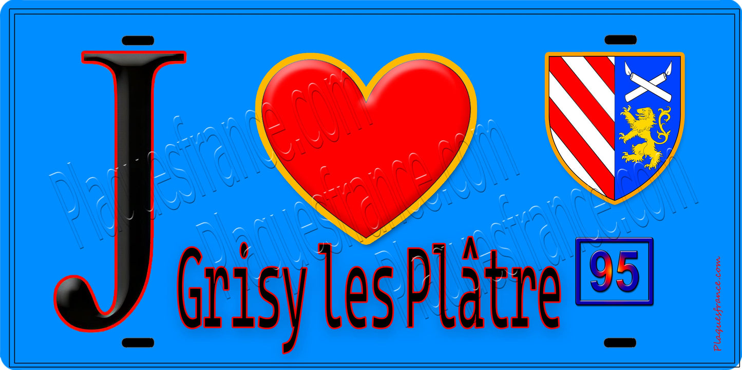 Plaque métal décorative  J' ❤️Grisy-les-Plâtres, Val d'Oise (95) fond bleu