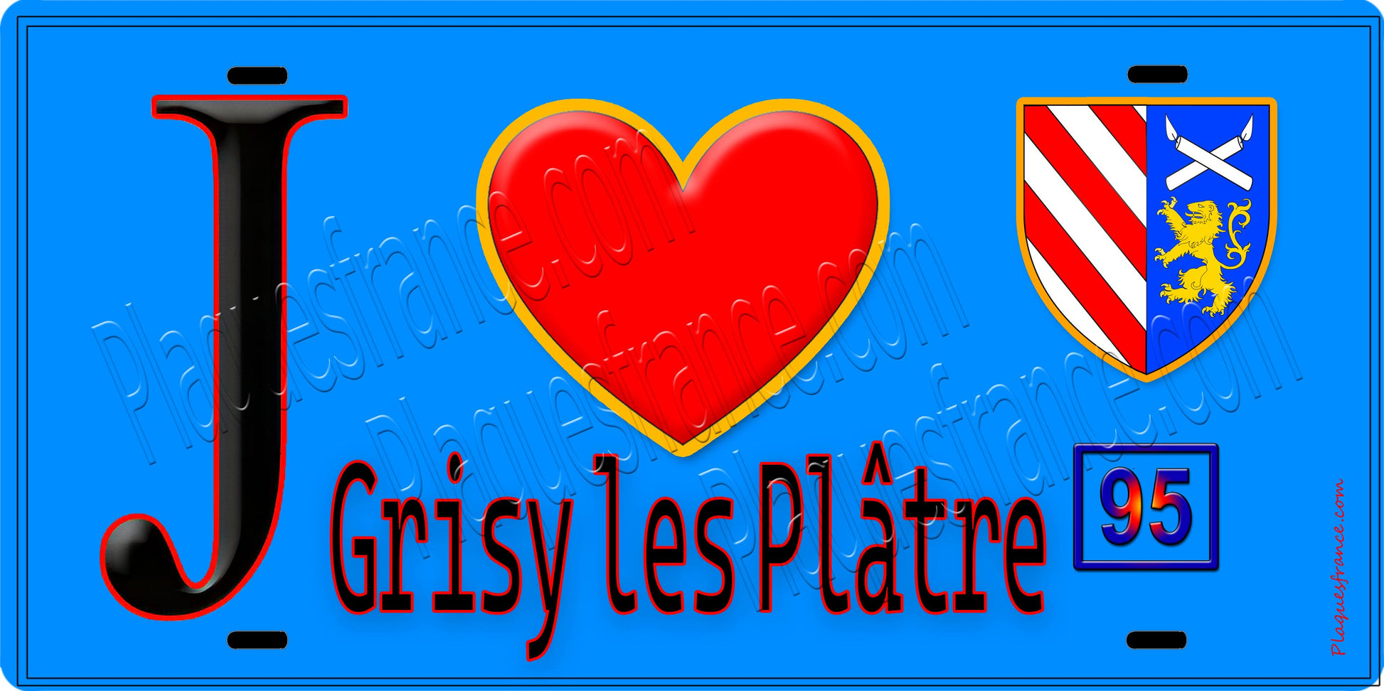 Plaque métal décorative  J' ❤️Grisy-les-Plâtres, Val d'Oise (95) fond bleu