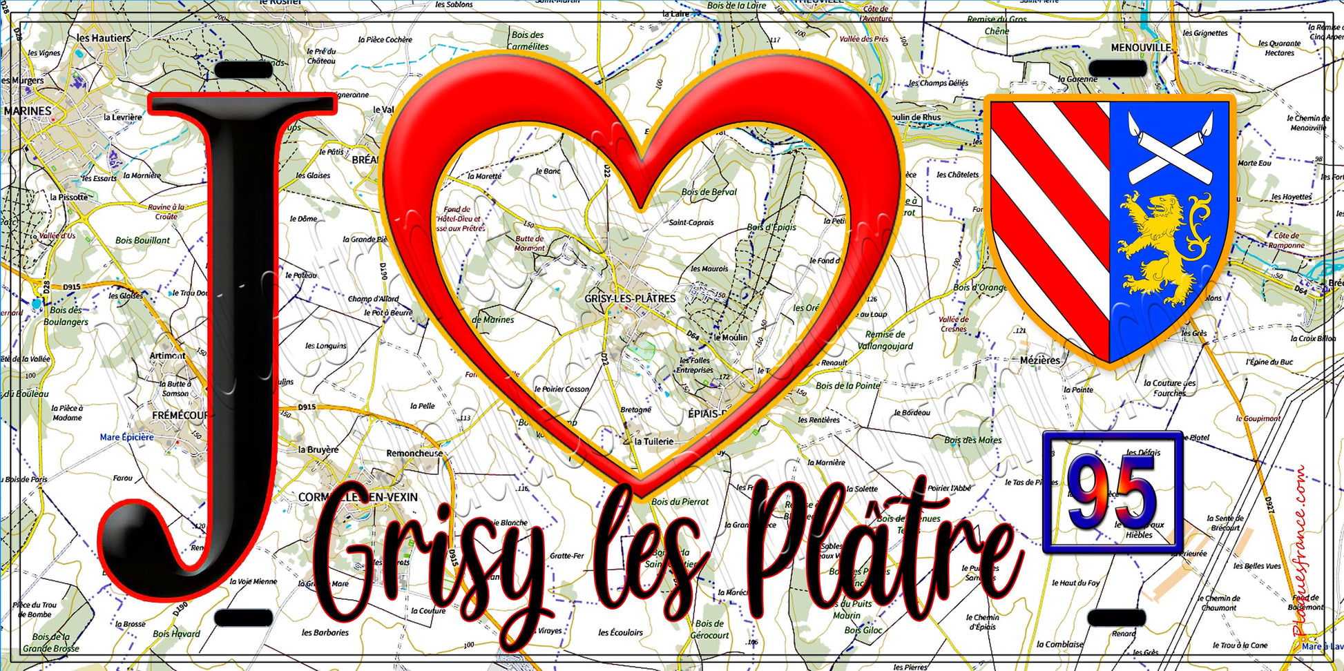 Plaque métal décorative  J' ❤️Grisy-les-Plâtres, Val d'Oise (95) fod carte