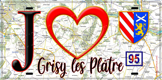 Plaque métal décorative  J' ❤️Grisy-les-Plâtres, Val d'Oise (95) fod carte