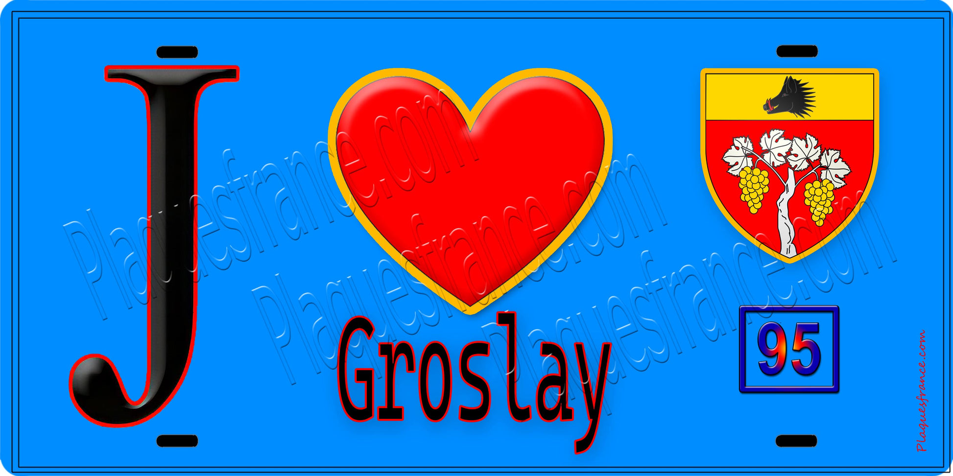 Plaque métal décorative  J' ❤️Groslay, Val d'Oise (95) fond bleu