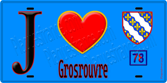 Plaque métal décorative  J' ❤️ Grosrouvre, Yvelines (78) fond bleu