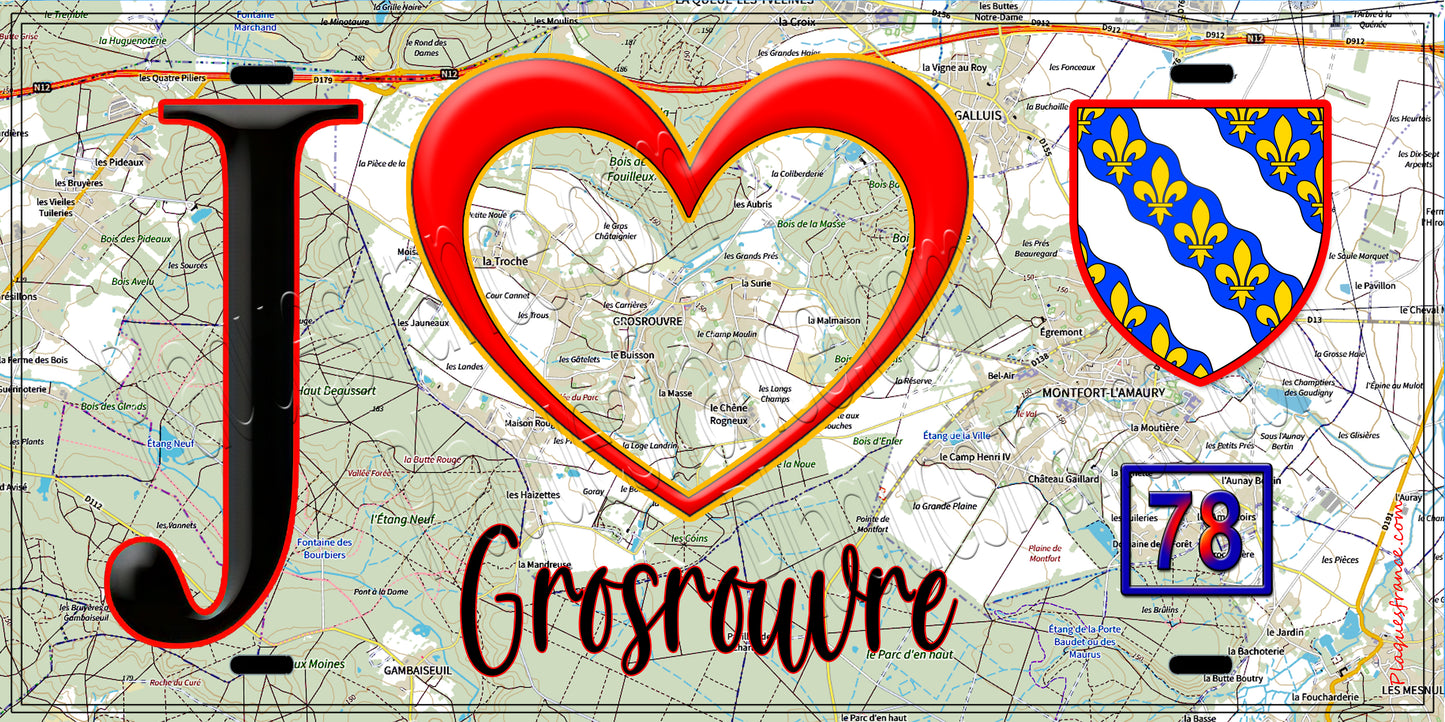 Plaque métal décorative  J' ❤️ Grosrouvre, Yvelines (78) fond carte