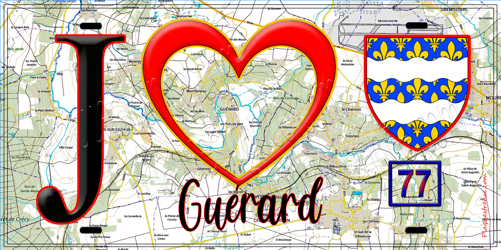 Plaque métal décorative  J' ❤️Guérard, Seine et Marne (77) fond carte