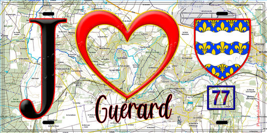 Plaque métal décorative  J' ❤️Guérard, Seine et Marne (77) fond carte