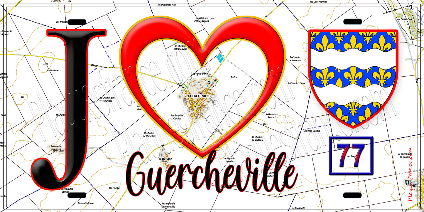 Plaque métal décorative  J' ❤️Guercheville, Seine et Marne (77) fond carte