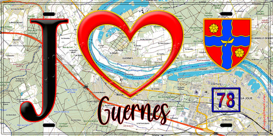 Plaque métal décorative  J' ❤️ Guernes, Yvelines (78) fond carte