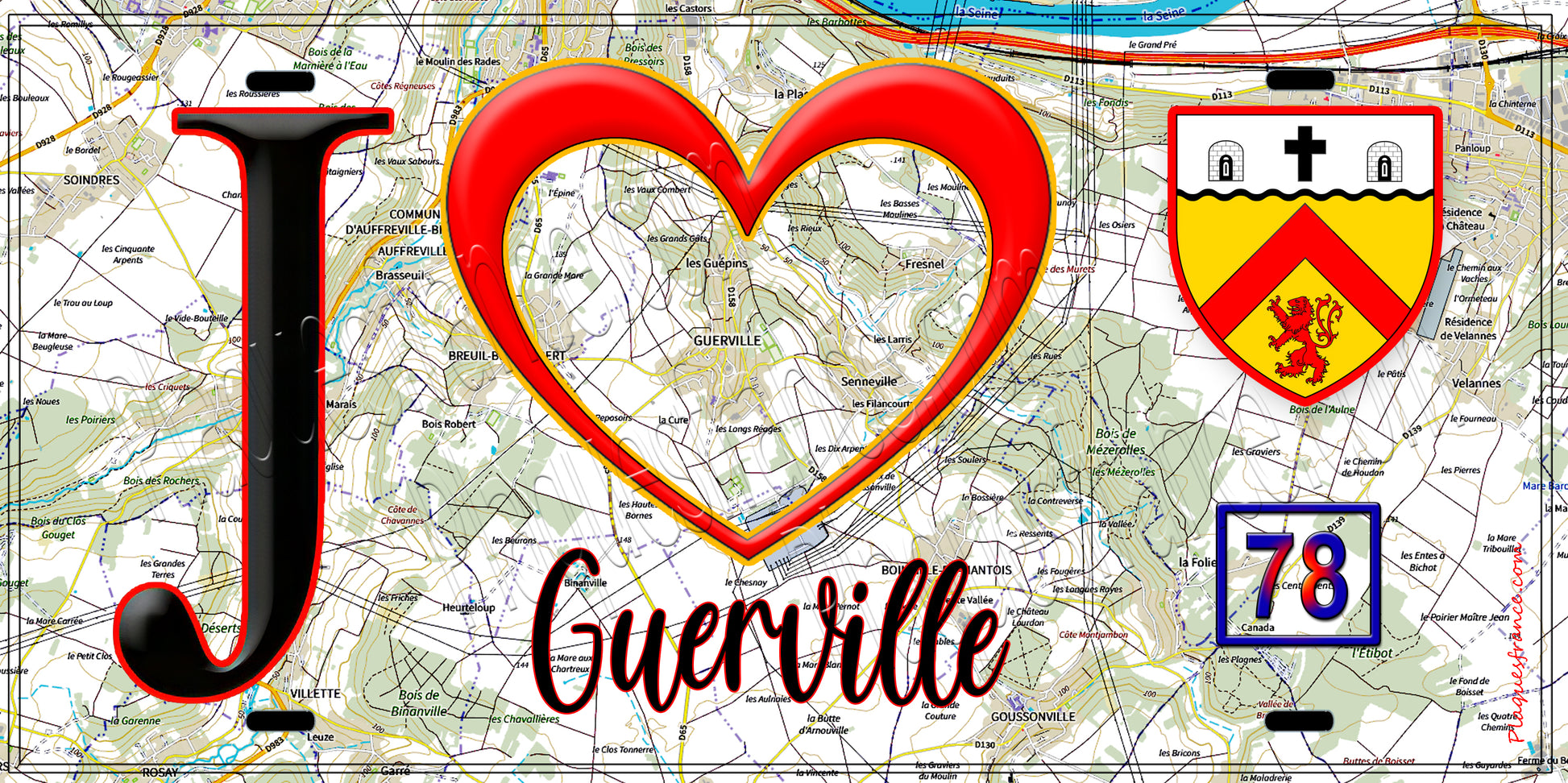 Plaque métal décorative  J' ❤️ Guerville, Yvelines (78) fond carte