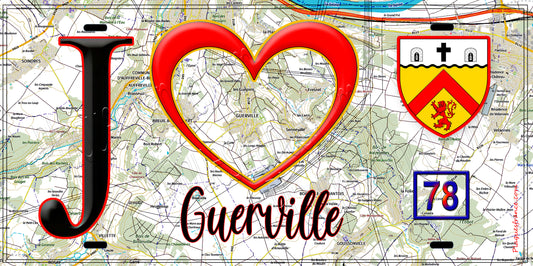 Plaque métal décorative  J' ❤️ Guerville, Yvelines (78) fond carte