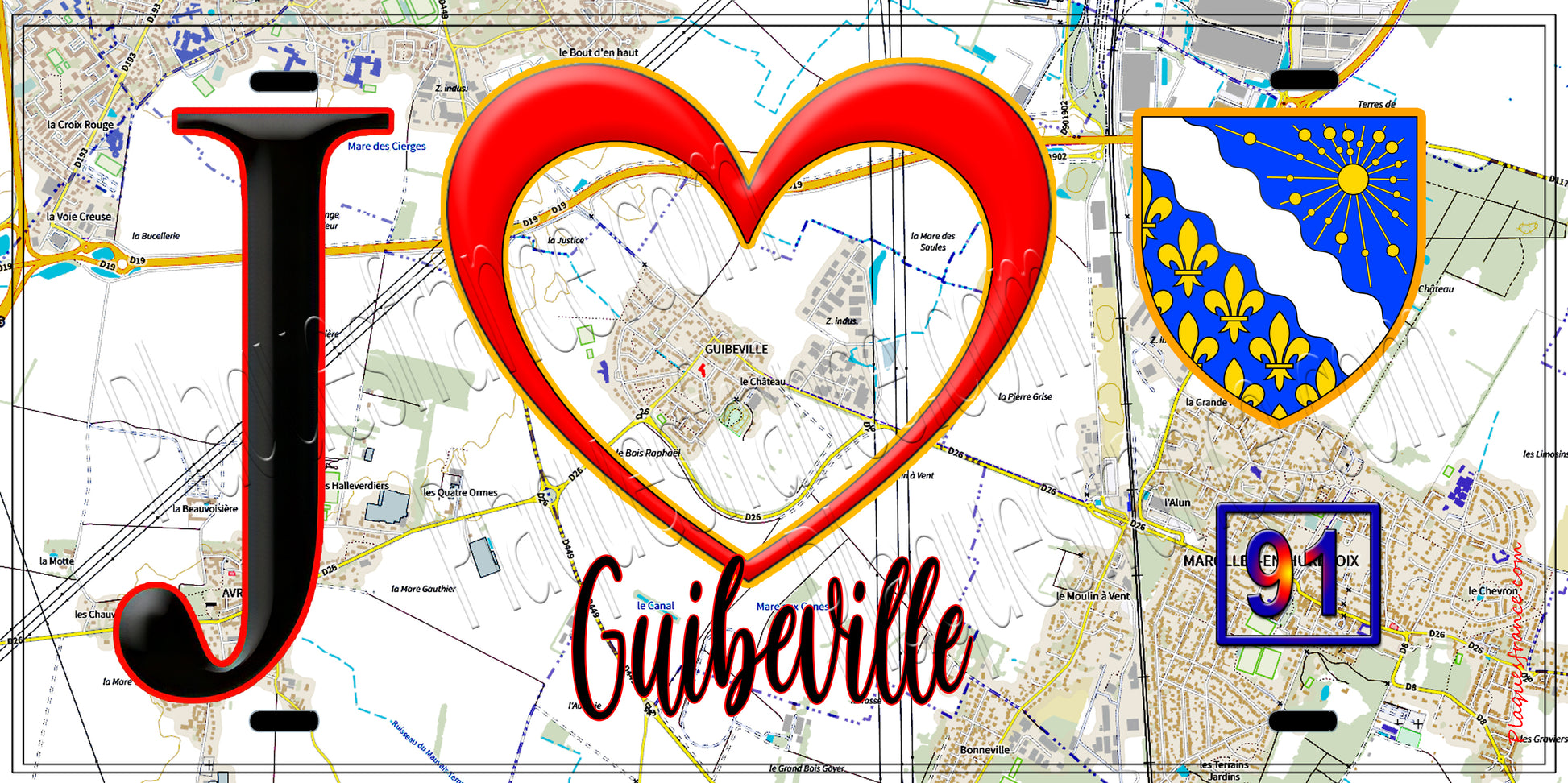 Plaque métal décorative  J' ❤️Guibeville, Essonne (91) fond carte