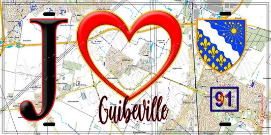 Plaque métal décorative  J' ❤️Guibeville, Essonne (91) fond carte