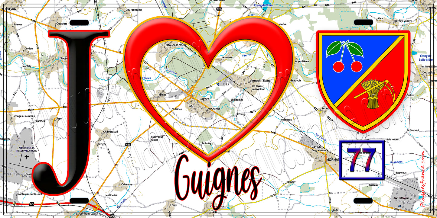Plaque métal décorative  J' ❤️Guignes, Seine et Marne (77) fond carte
