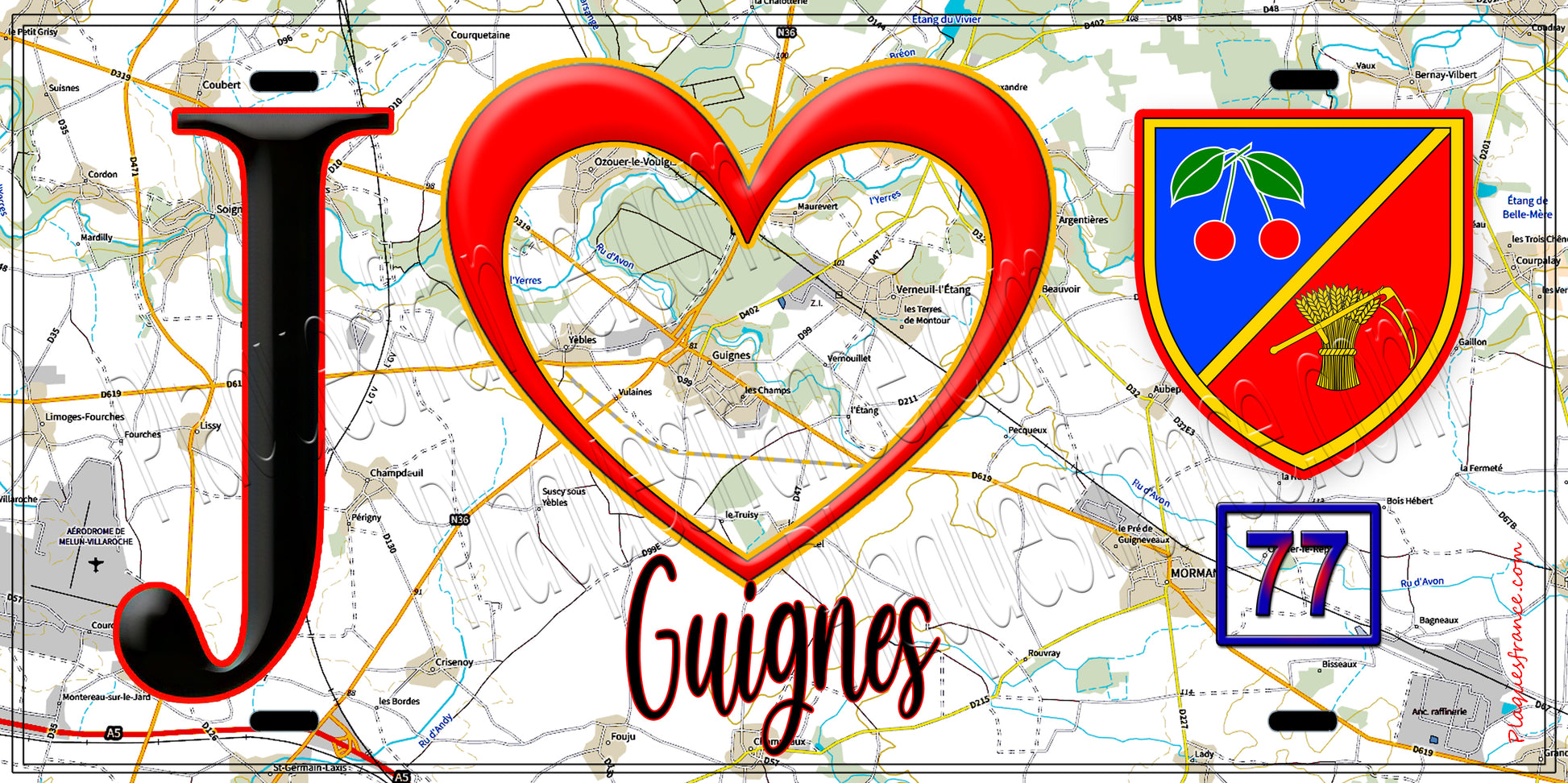 Plaque métal décorative  J' ❤️Guignes, Seine et Marne (77) fond carte