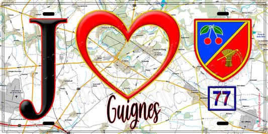 Plaque métal décorative  J' ❤️Guignes, Seine et Marne (77) fond carte
