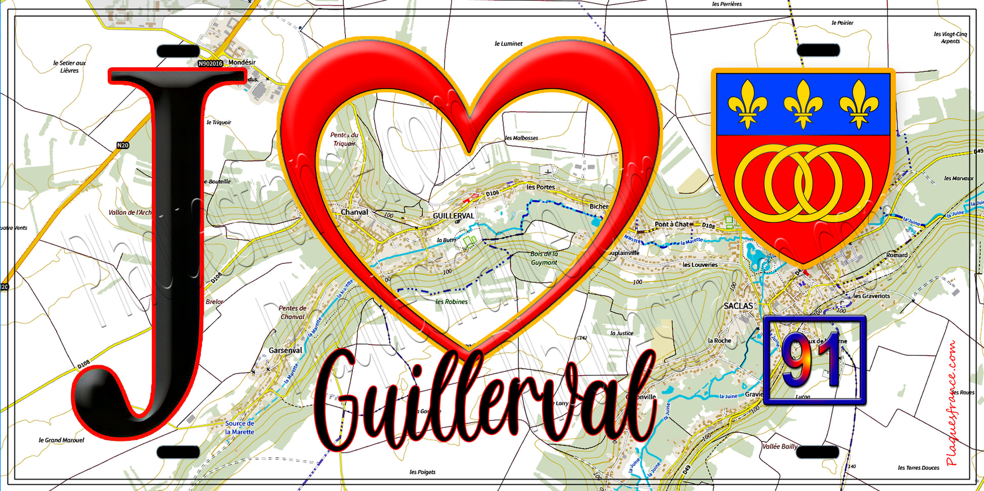 Plaque métal décorative  J' ❤️Guillerval, Essonne (91) fond carte
