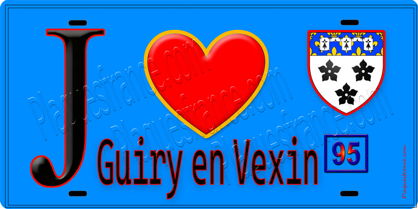 Plaque métal décorative  J' ❤️Guiry-en-Vexin, Val d'Oise (95) fond bleu