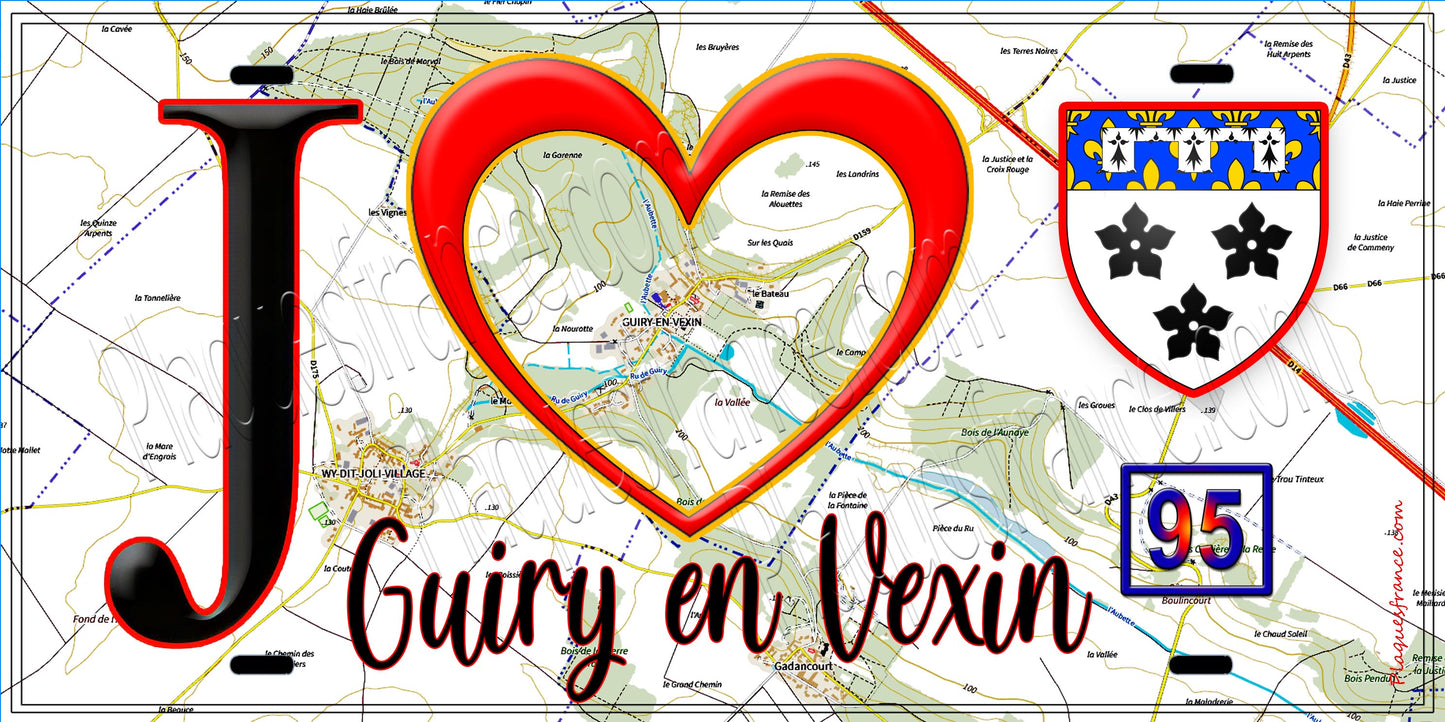 Plaque métal décorative  J' ❤️Guiry-en-Vexin, Val d'Oise (95) fod carte