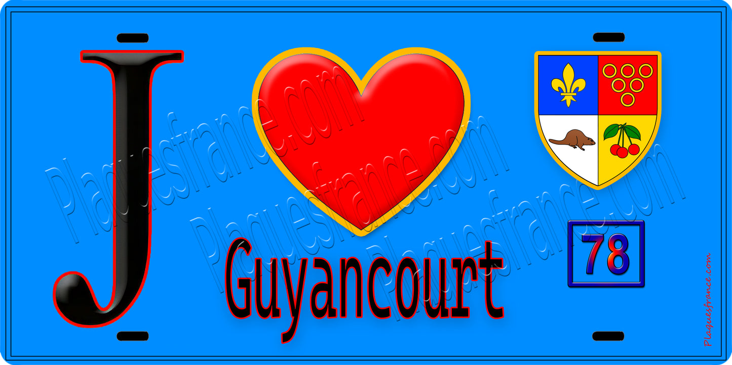 Plaque métal décorative  J' ❤️ Guyancourt, Yvelines (78) fond bleu