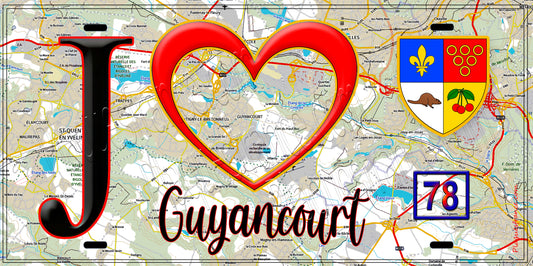 Plaque métal décorative  J' ❤️ Guyancourt, Yvelines (78) fond carte