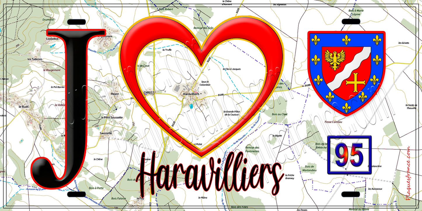 Plaque métal décorative  J' ❤️Haravilliers, Val d'Oise (95) fond carte