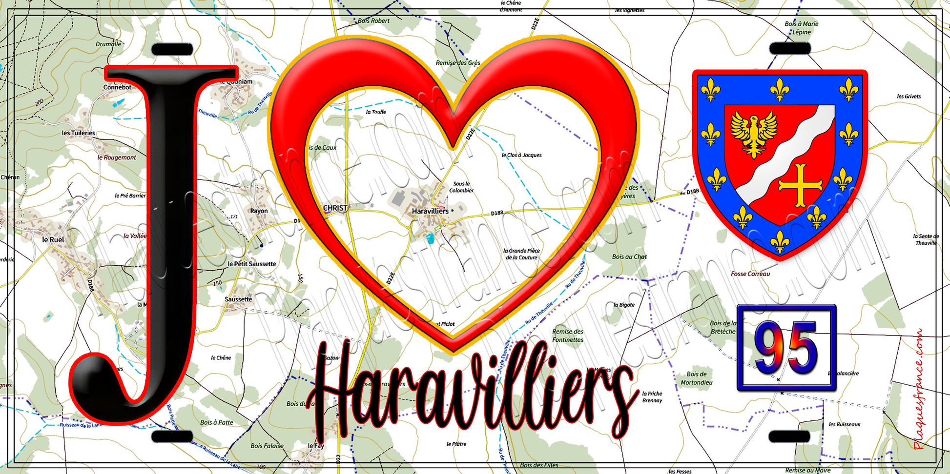 Plaque métal décorative  J' ❤️Haravilliers, Val d'Oise (95) fond carte