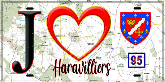 Plaque métal décorative  J' ❤️Haravilliers, Val d'Oise (95) fond carte
