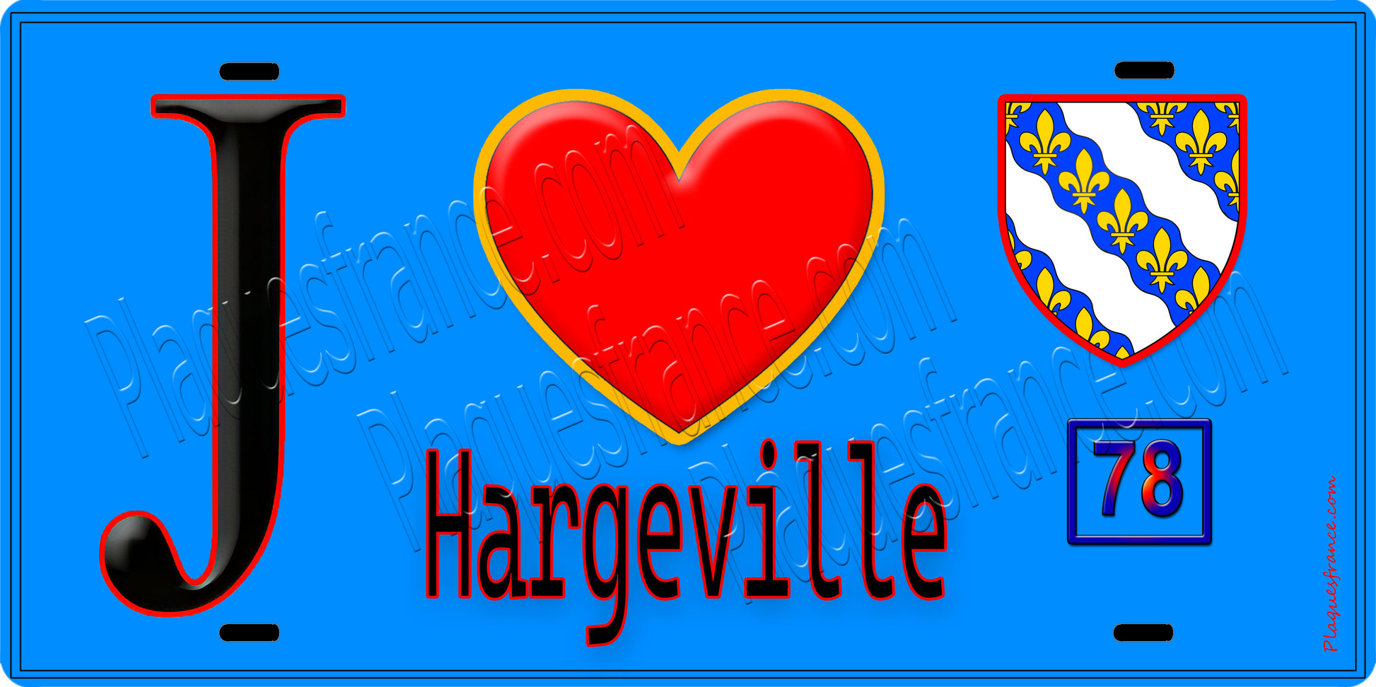 Plaque métal décorative  J' ❤️ Hargeville, Yvelines (78) fond ble