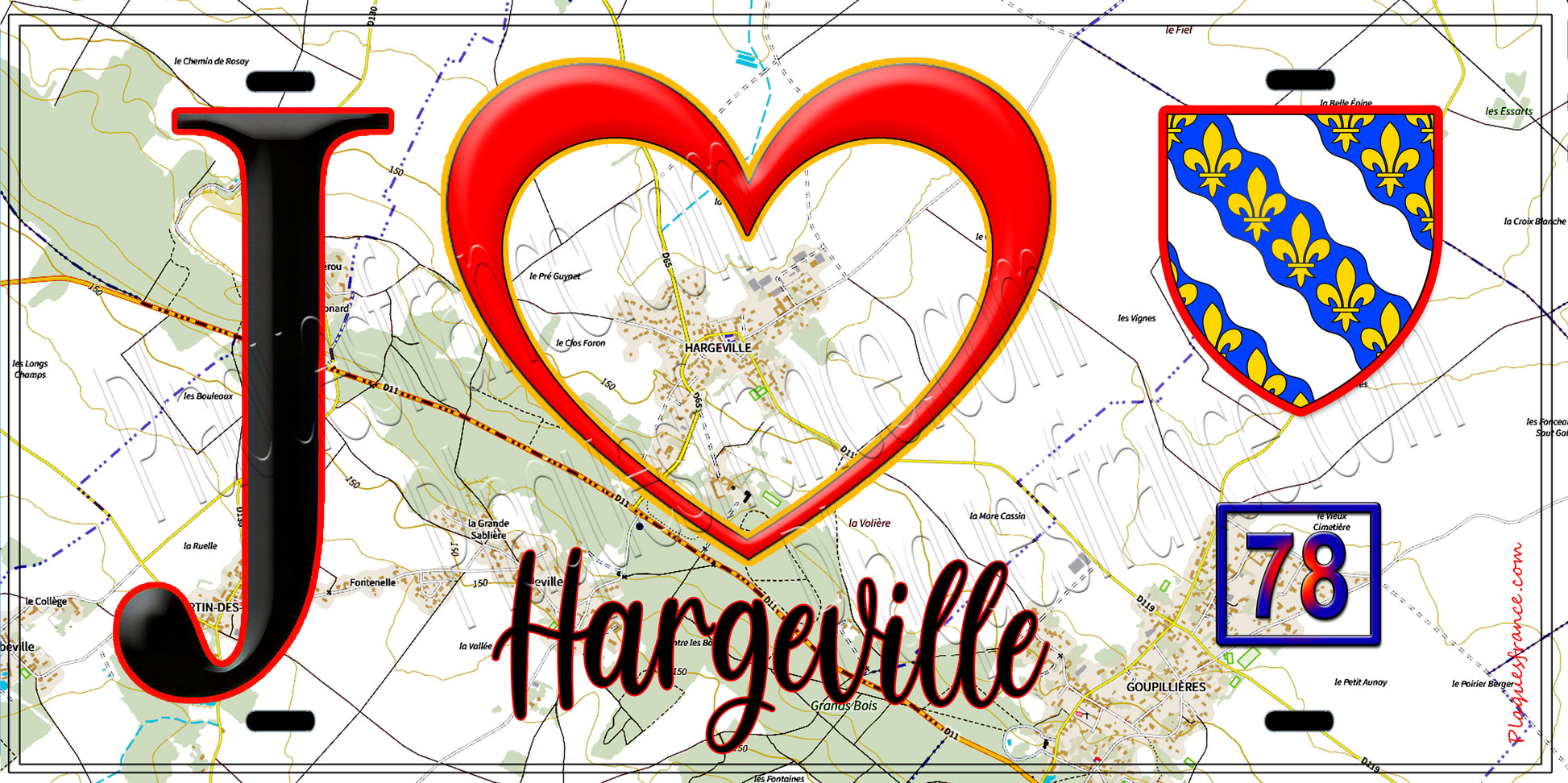Plaque métal décorative  J' ❤️ Hargeville, Yvelines (78)