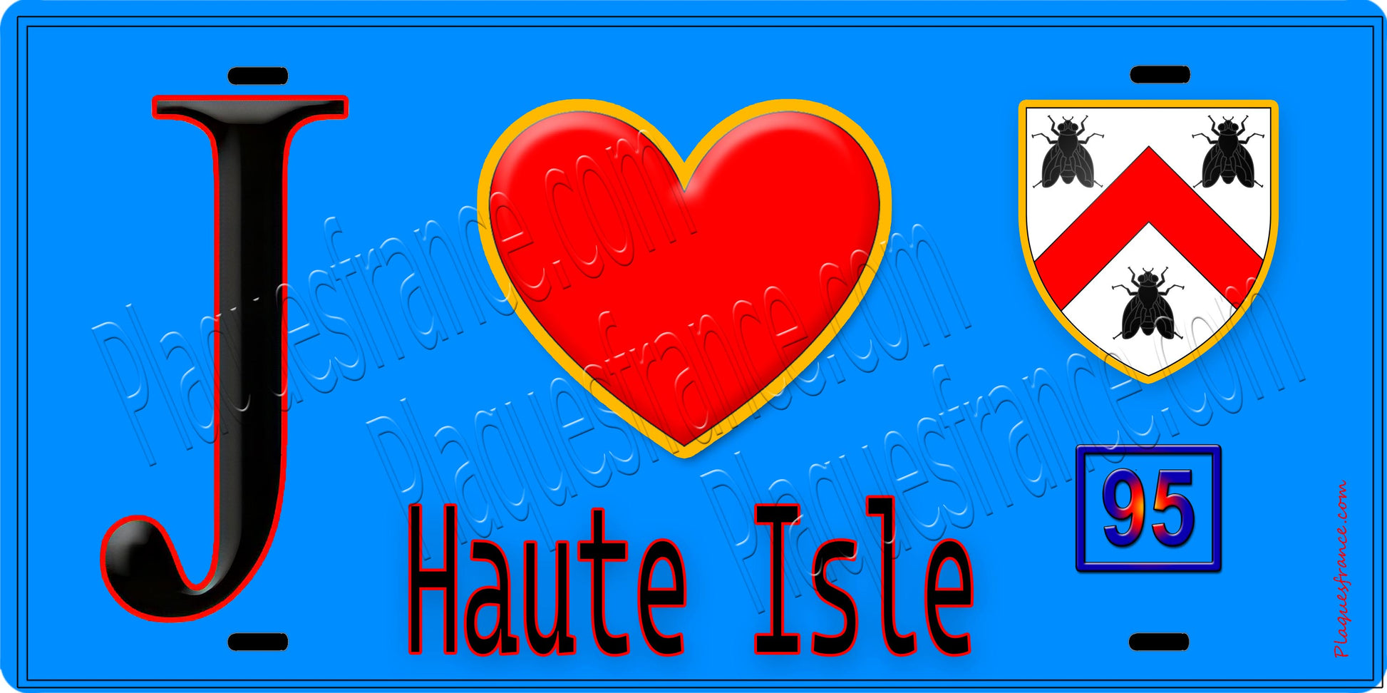 Plaque métal décorative  J' ❤️Haute-Isle, Val d'Oise (95) fond bleu
