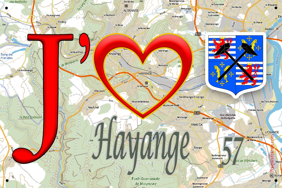 Plaque métal décorative 20 x 30 cm, J' ❤️Hayange, Moselle (57)