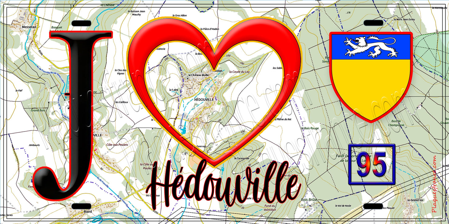 Plaque métal décorative  J' ❤️Hédouville, Val d'Oise (95) fond carte