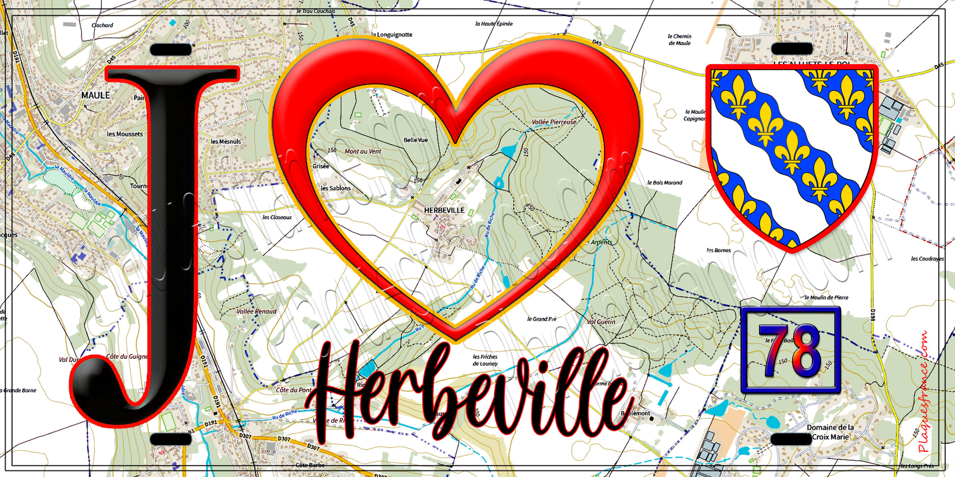 Plaque métal décorative  J' ❤️ Herbeville, Yvelines (78) fond carte