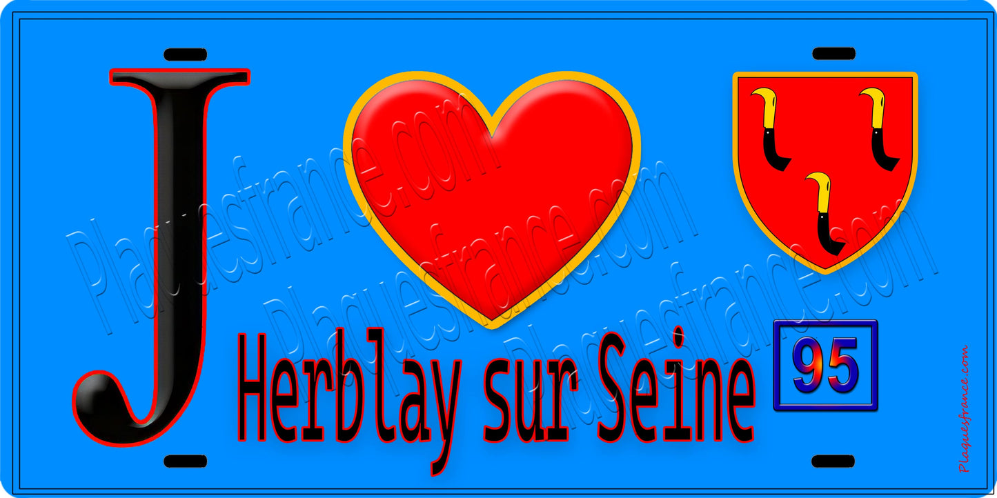 Plaque métal décorative  J' ❤️Herblay-sur-Seine, Val d'Oise (95) fond bleu