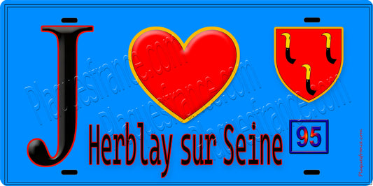 Plaque métal décorative  J' ❤️Herblay-sur-Seine, Val d'Oise (95) fond bleu
