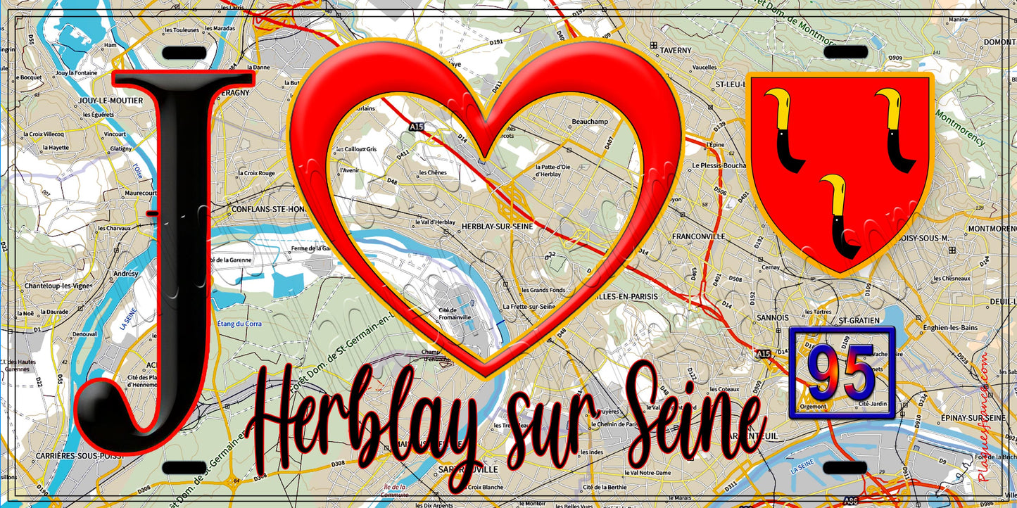 Plaque métal décorative  J' ❤️Herblay-sur-Seine, Val d'Oise (95) fond carte