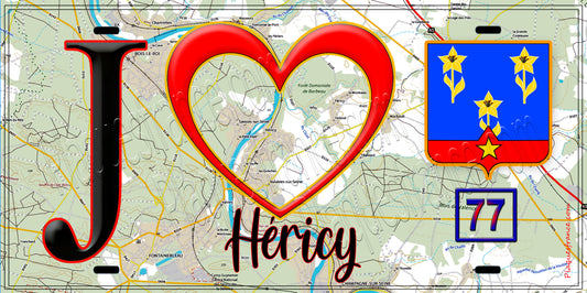 Plaque métal décorative  J' ❤️Héricy, Seine et Marne (77) fond carte