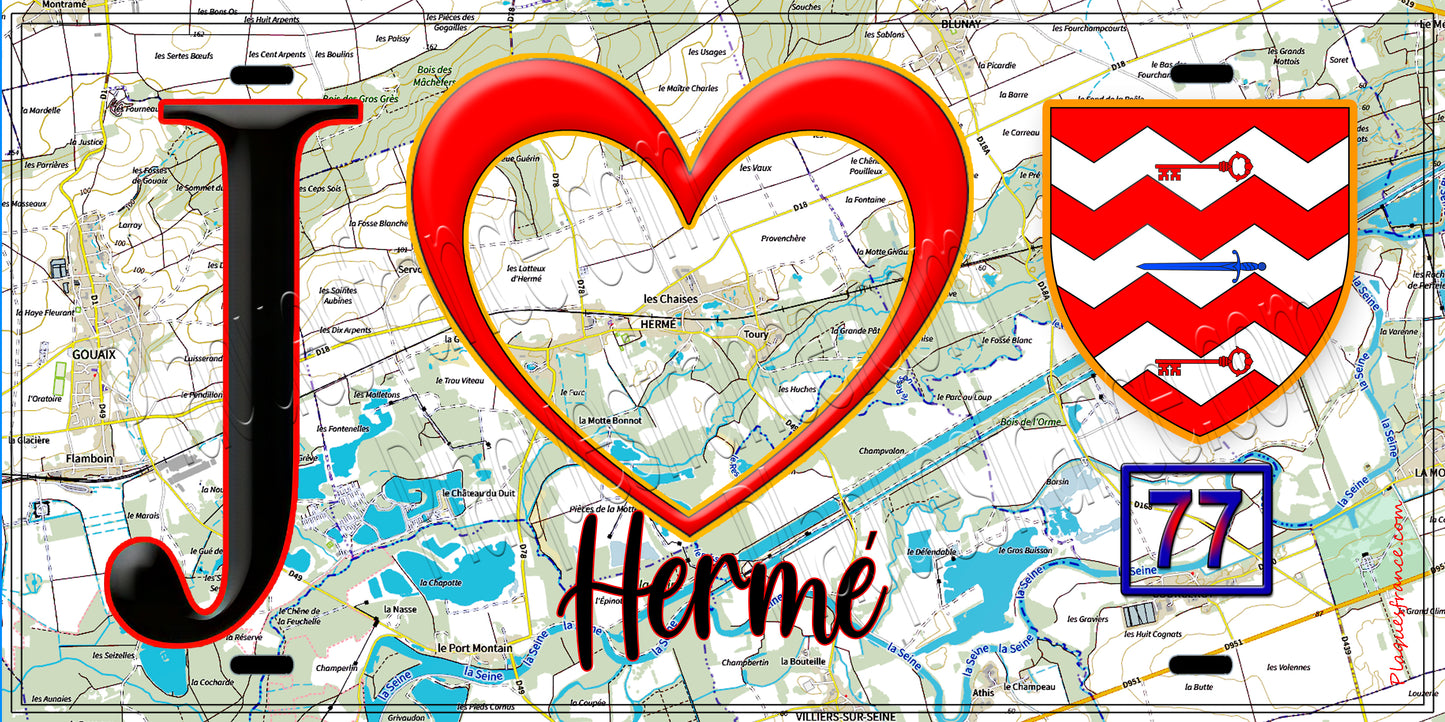 Plaque métal décorative  J' ❤️Hermé, Seine et Marne (77) fond carte