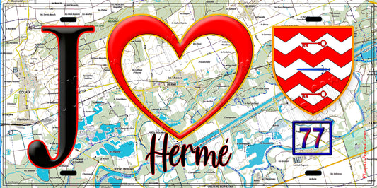 Plaque métal décorative  J' ❤️Hermé, Seine et Marne (77) fond carte